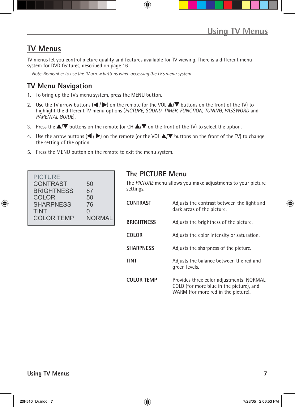 Using tv menus, Tv menus, The picture menu | Tv menu navigation | RCA RCRVD2022 User Manual | Page 9 / 30