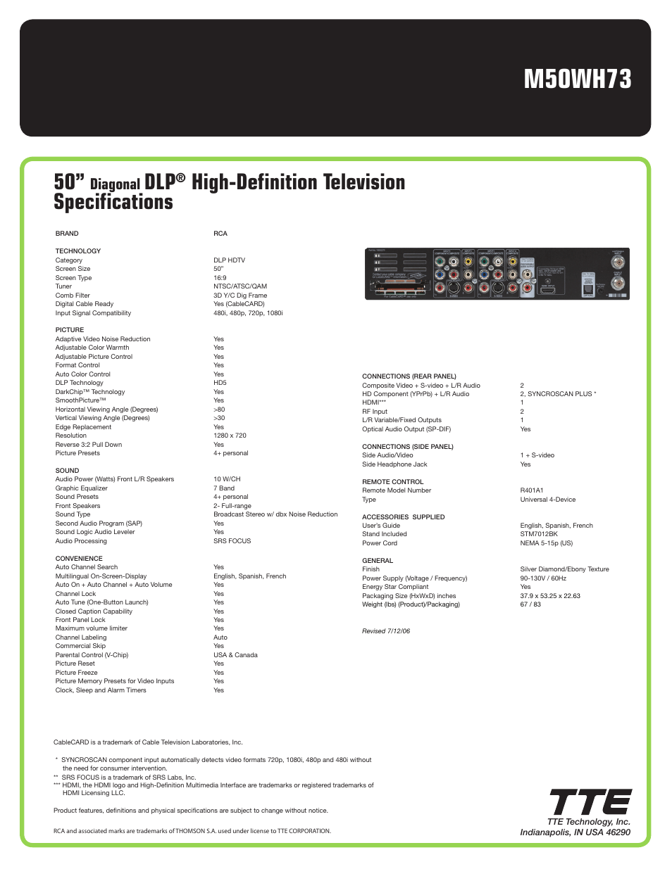 M50wh73, High-definition television specifications, Diagonal | RCA M50WH73 User Manual | Page 2 / 2