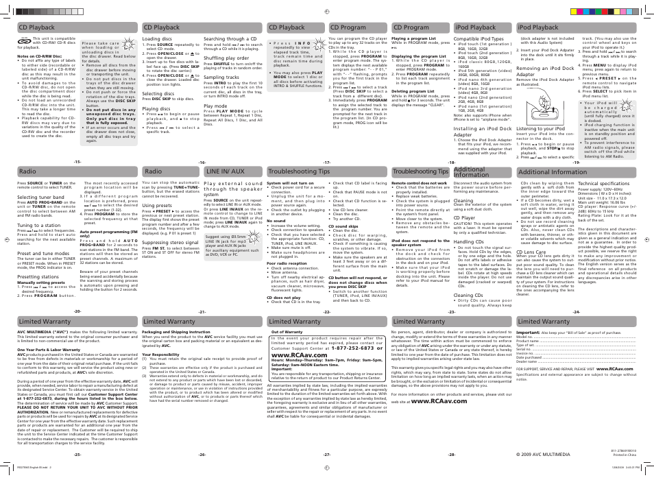 Cd playback, Cd program, Ipod playback | Radio, Radio line in/ aux, Troubleshooting tips, Troubleshooting tips additional information, Additional information, Limited warranty | RCA RS2769iS User Manual | Page 2 / 2