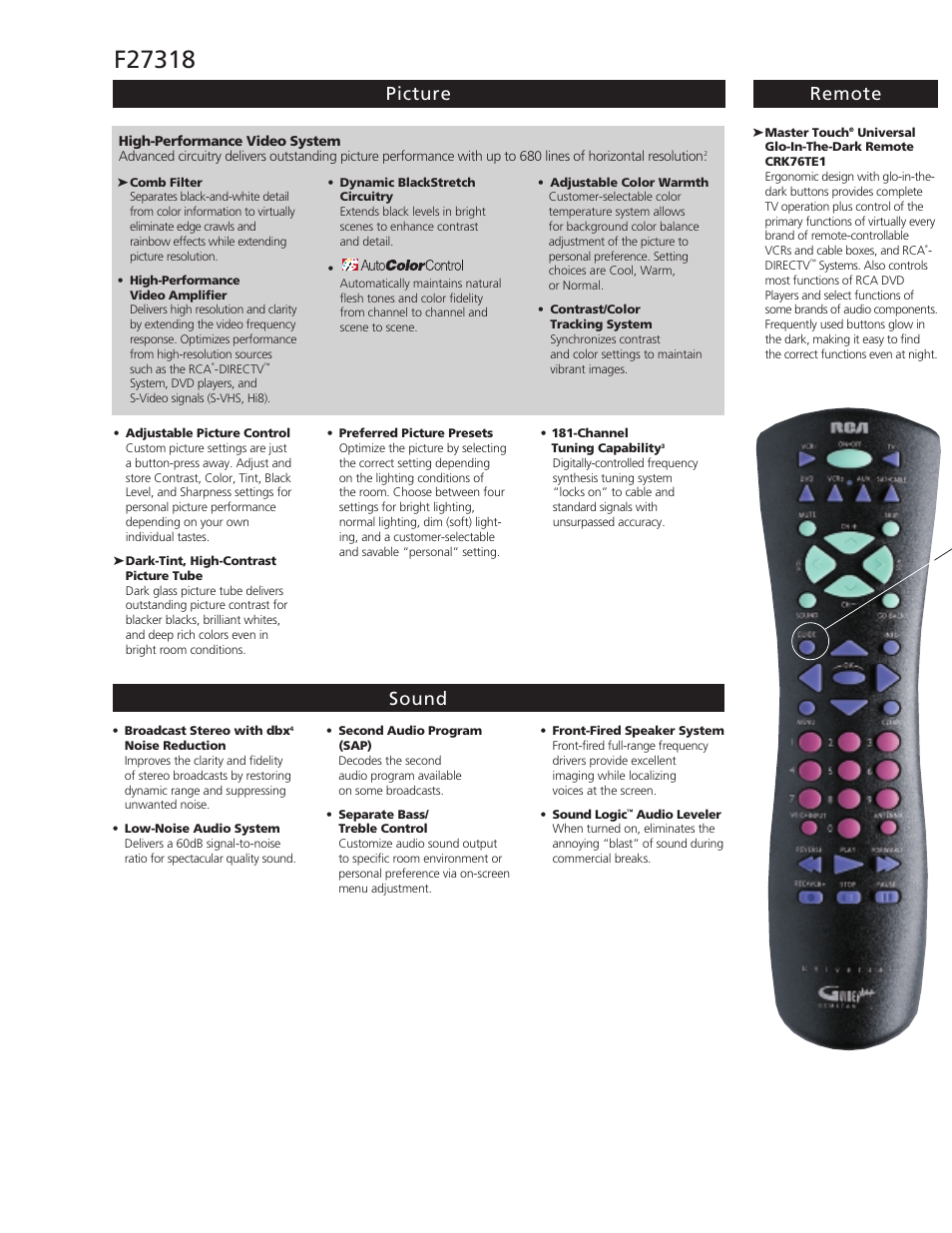 Picture remote sound | RCA F27318 User Manual | Page 2 / 4