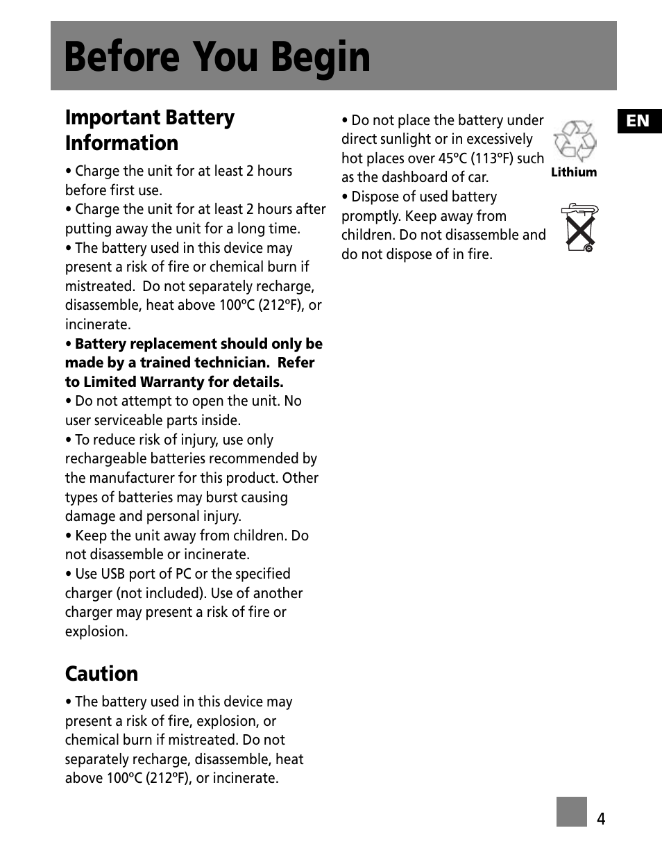 Important battery information, Caution, Before you begin | RCA M100256US User Manual | Page 13 / 47