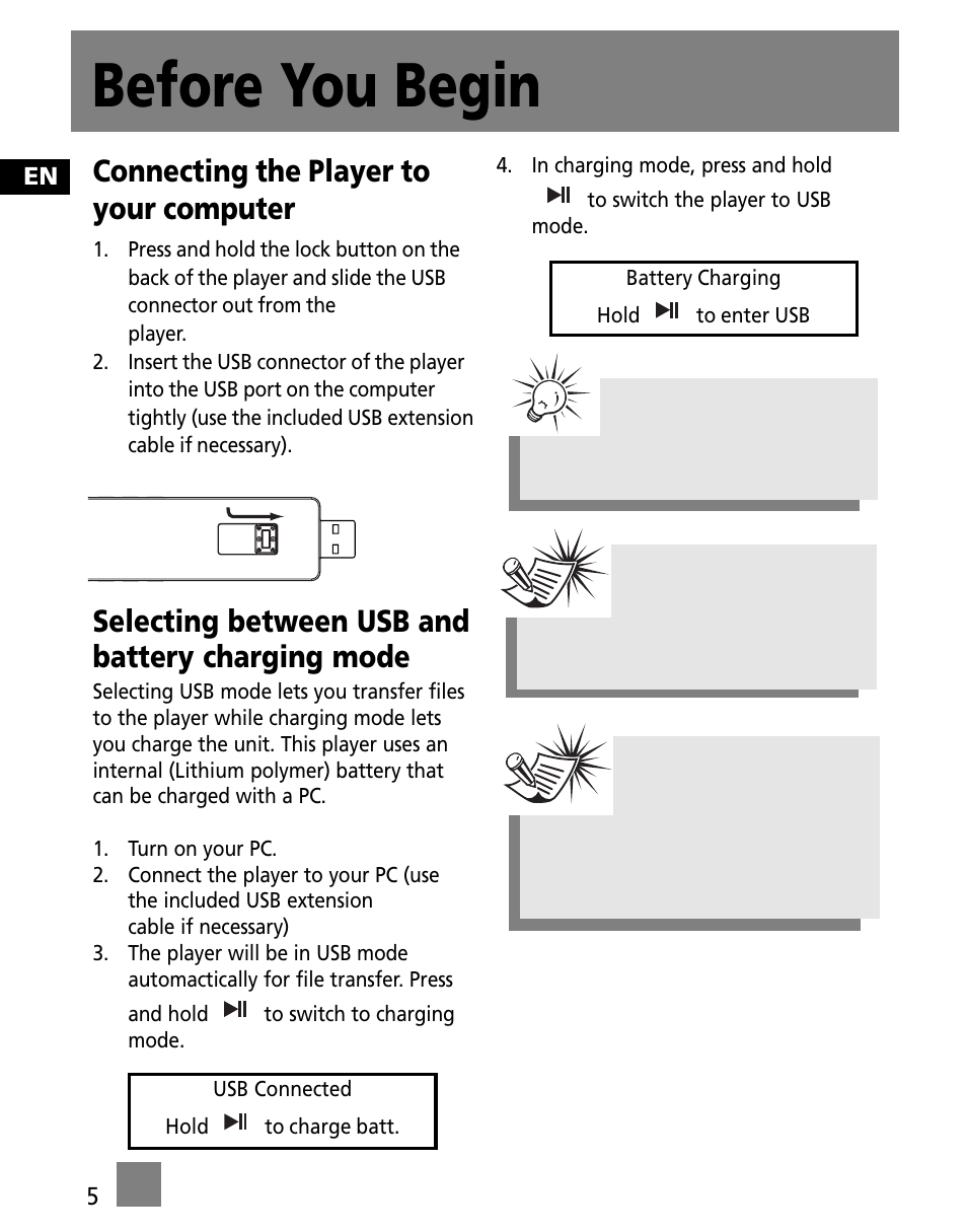 Connecting the player to your computer, Selecting between usb and battery charging mode, Before you begin | RCA M100256US User Manual | Page 14 / 47