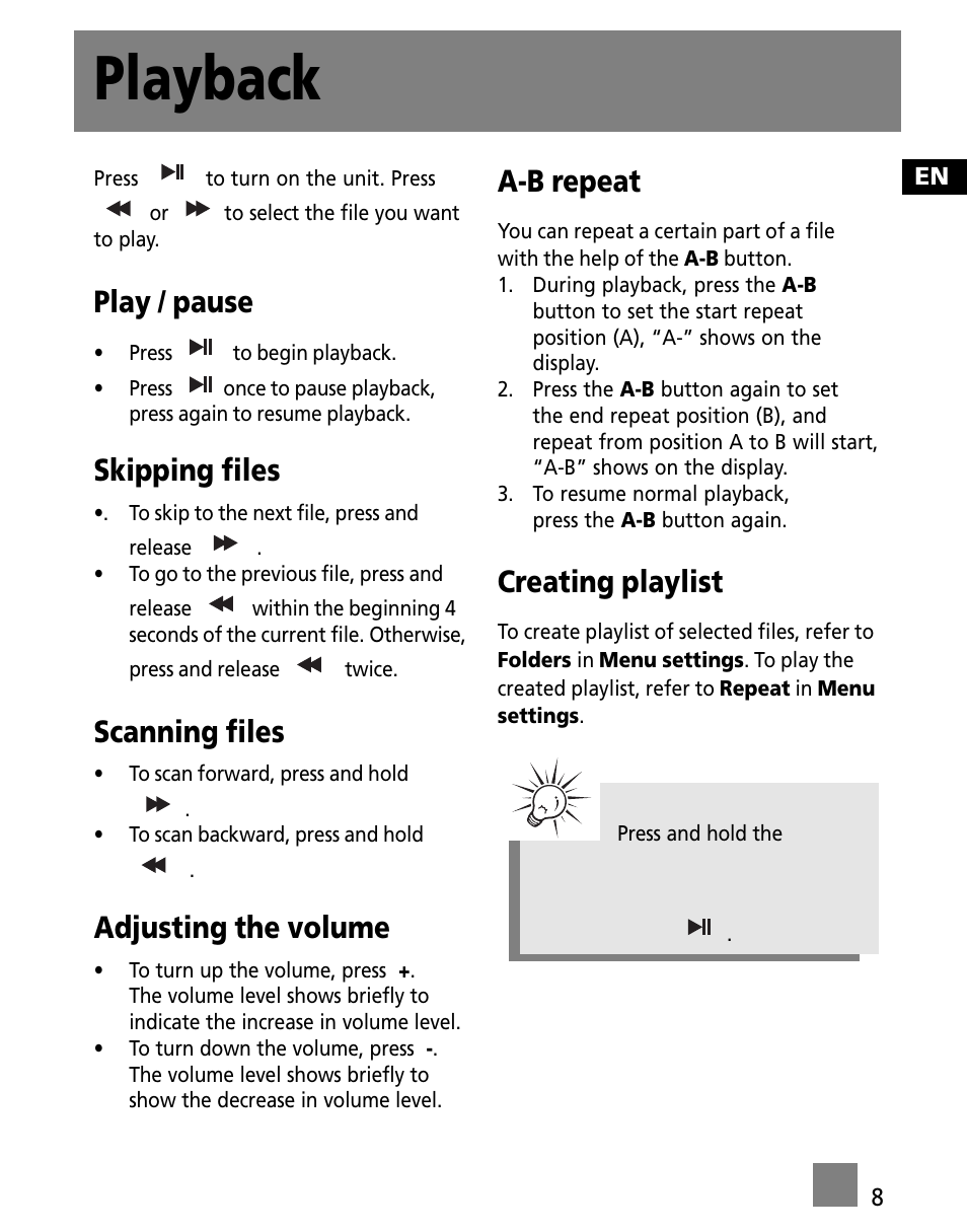 Playback, Play / pause, Skipping files | Scanning files, Adjusting the volume, A-b repeat, Creating playlist | RCA M100256US User Manual | Page 17 / 47