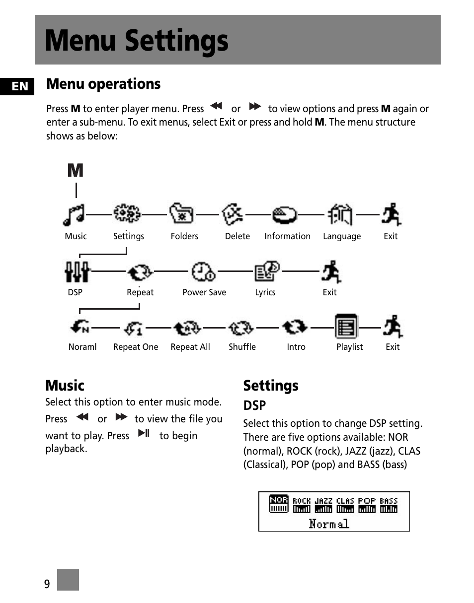 Menu settings, Music, Settings | Menu operations | RCA M100256US User Manual | Page 18 / 47