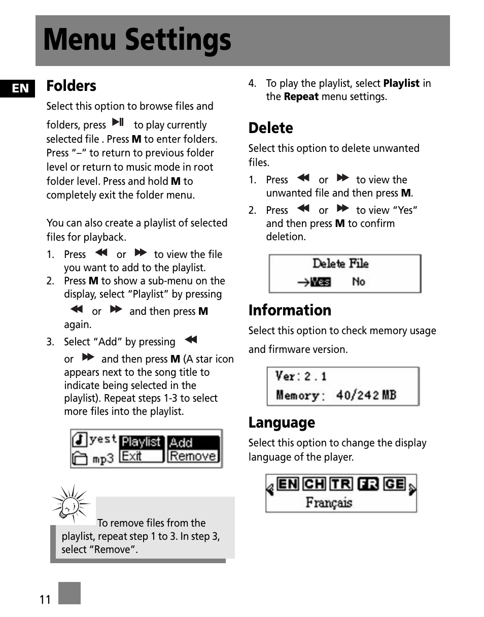 Menu settings, Folders, Delete | Information, Language | RCA M100256US User Manual | Page 20 / 47