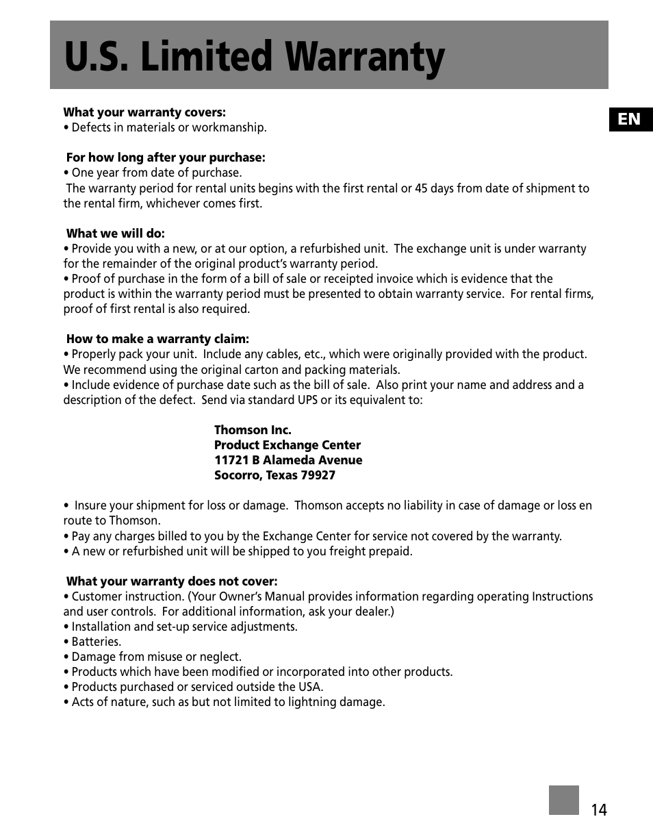 U.s. limited warranty | RCA M100256US User Manual | Page 23 / 47