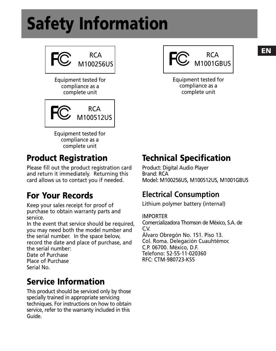 Safety information, Product registration, For your records | Service information, Technical specification | RCA M100256US User Manual | Page 3 / 47