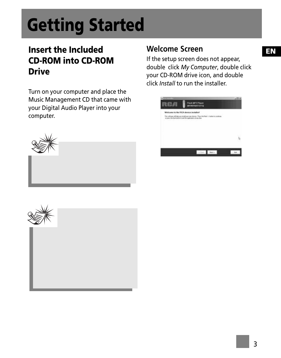Getting started, Insert the included cd-rom into cd-rom drive | RCA M100256US User Manual | Page 37 / 47