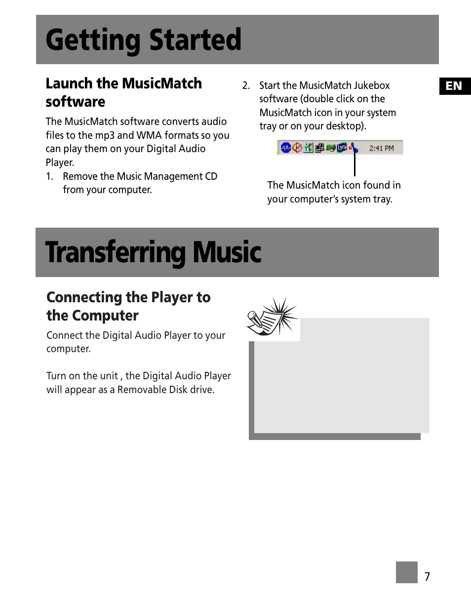 Launch the musicmatch software, Connecting the player to the computer, Getting started | Transferring music | RCA M100256US User Manual | Page 41 / 47