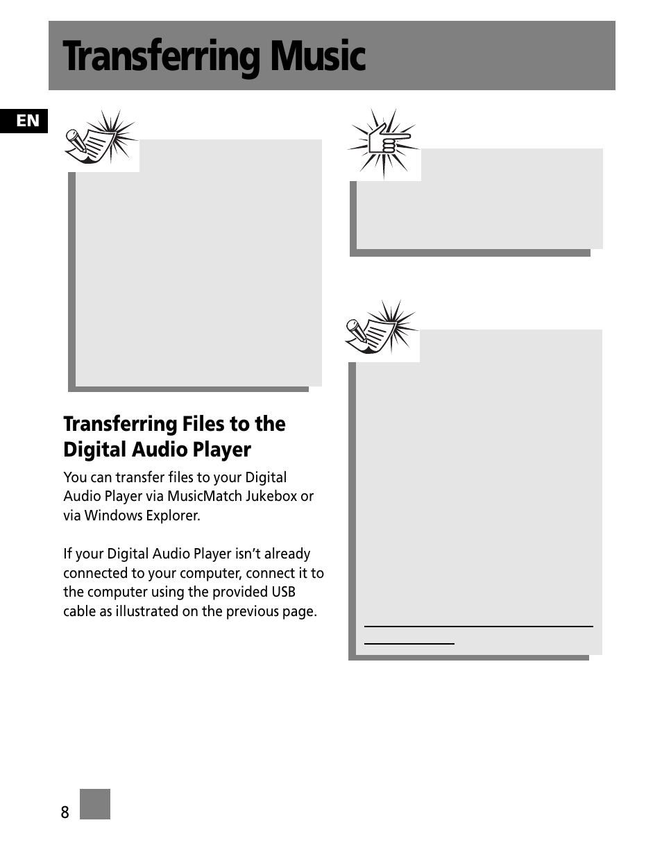 Transferring files to the digital audio player, Transferring music | RCA M100256US User Manual | Page 42 / 47