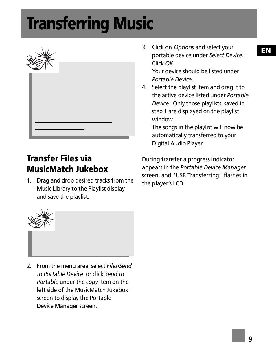 Transfer files via musicmatch jukebox, Transferring music | RCA M100256US User Manual | Page 43 / 47