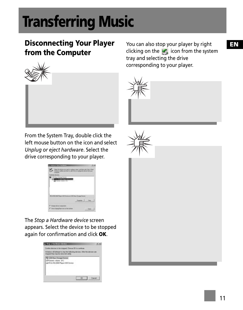 Disconnecting your player from the computer, Transferring music | RCA M100256US User Manual | Page 45 / 47