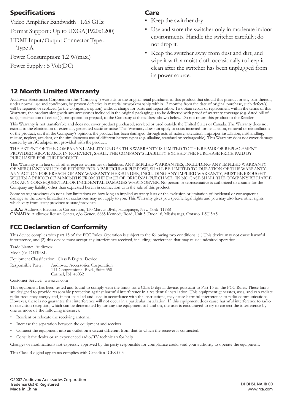 Fcc declaration of conformity | RCA DH3HSL User Manual | Page 2 / 4