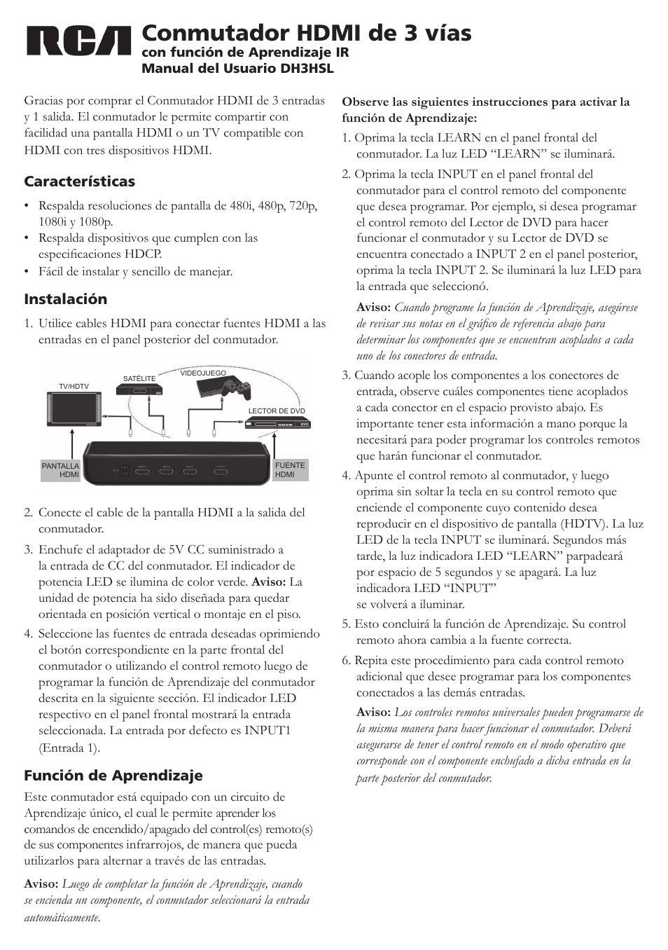 Conmutador hdmi de 3 vías | RCA DH3HSL User Manual | Page 3 / 4