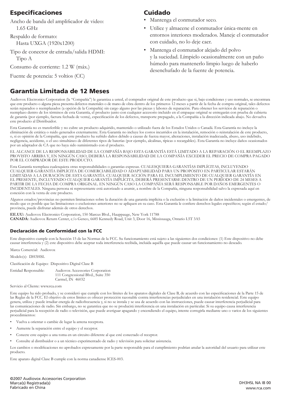 Especificaciones, Cuidado, Garantía limitada de 12 meses | RCA DH3HSL User Manual | Page 4 / 4
