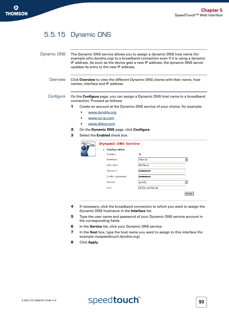 15 dynamic dns, Dynamic dns, Overview | Configure, Chapter 5 | RCA SpeedTouchTM706 User Manual | Page 101 / 132