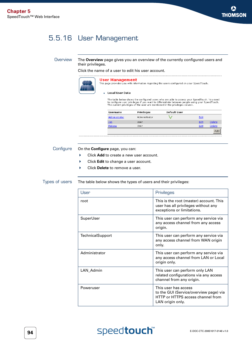 16 user management, Overview, Configure | Types of users, User management, Chapter 5 | RCA SpeedTouchTM706 User Manual | Page 102 / 132