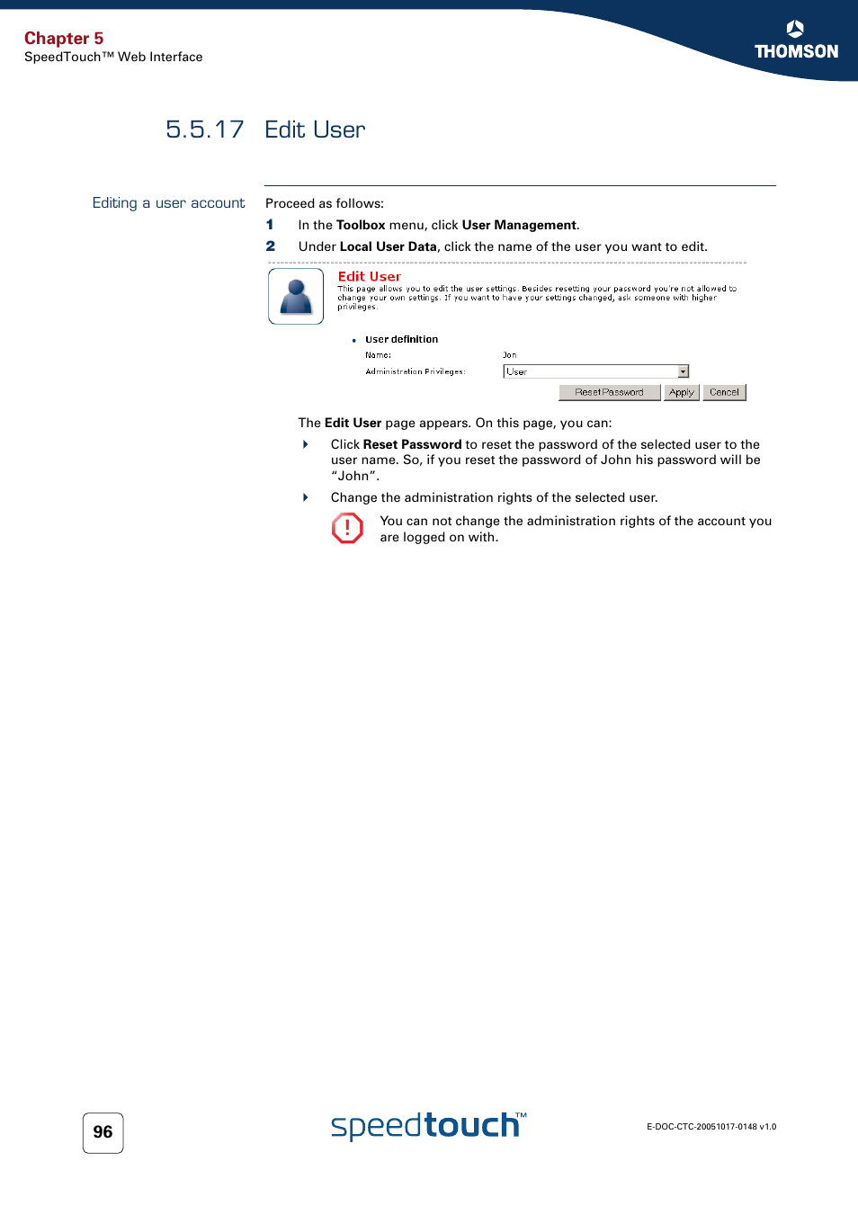 17 edit user, Editing a user account, Edit user | RCA SpeedTouchTM706 User Manual | Page 104 / 132