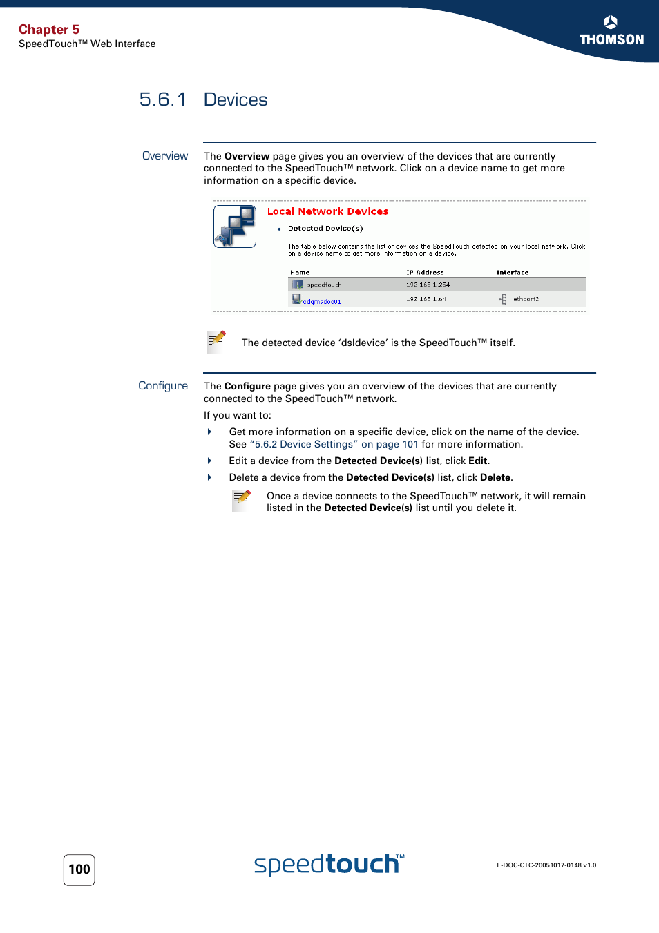 1 devices, Overview, Configure | Devices, Chapter 5 | RCA SpeedTouchTM706 User Manual | Page 108 / 132