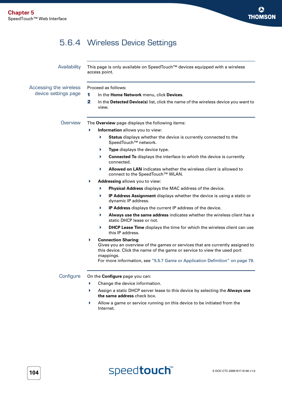 4 wireless device settings, Availability, Overview | Configure, Wireless device settings, Chapter 5 | RCA SpeedTouchTM706 User Manual | Page 112 / 132