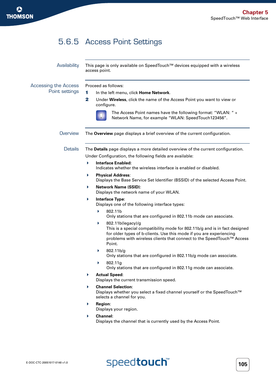 5 access point settings, Availability, Accessing the access point settings | Overview, Details, Access point settings, Chapter 5 | RCA SpeedTouchTM706 User Manual | Page 113 / 132