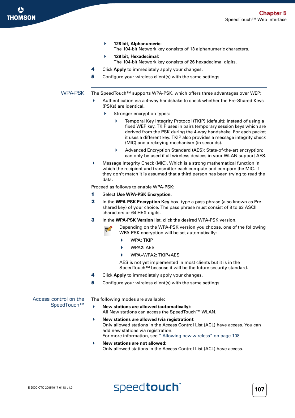 Wpa-psk, Access control on the speedtouch, Chapter 5 | RCA SpeedTouchTM706 User Manual | Page 115 / 132