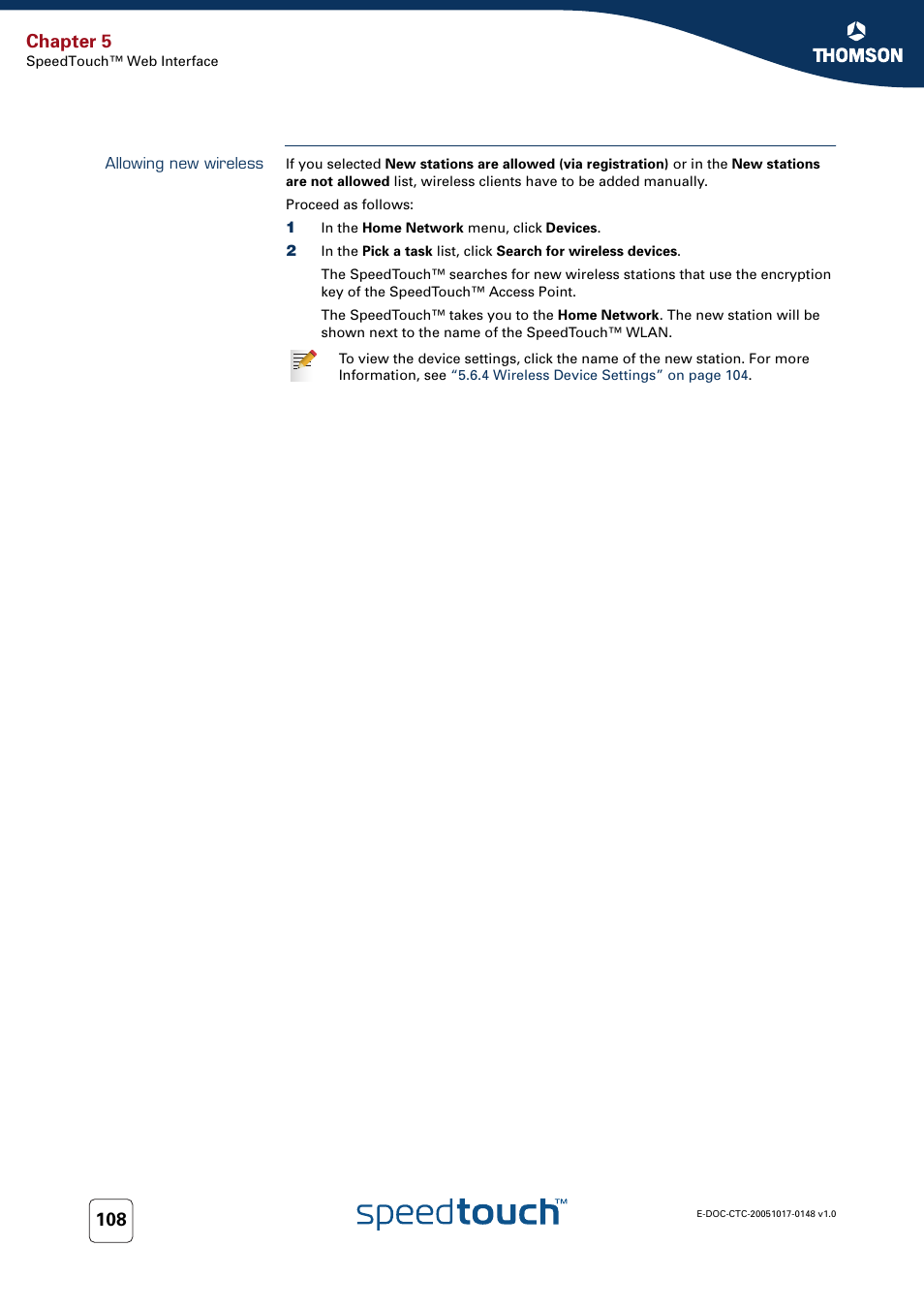 Allowing new wireless, Chapter 5 | RCA SpeedTouchTM706 User Manual | Page 116 / 132