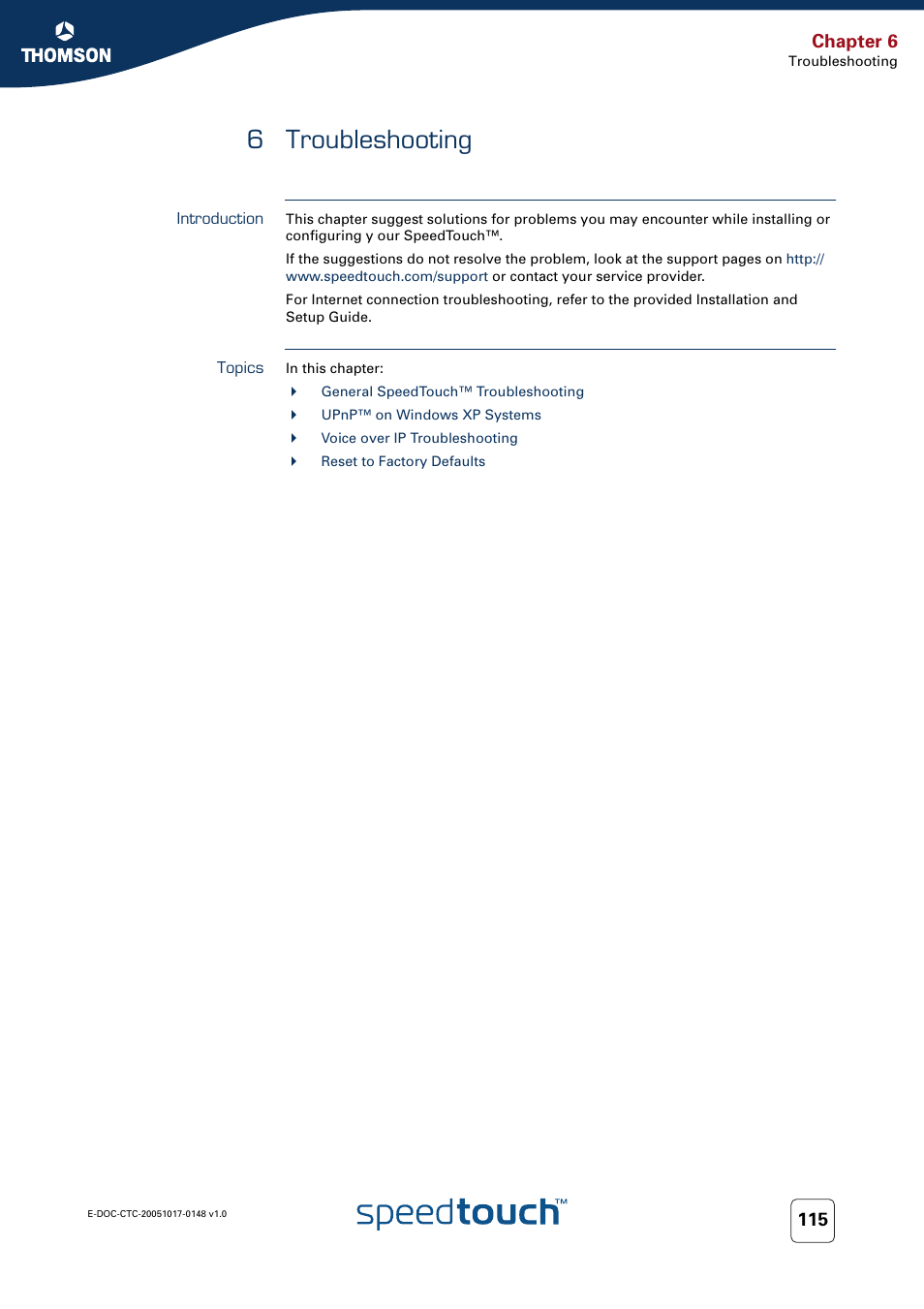 6 troubleshooting, Introduction, Topics | Troubleshooting, Chapter 6 | RCA SpeedTouchTM706 User Manual | Page 123 / 132