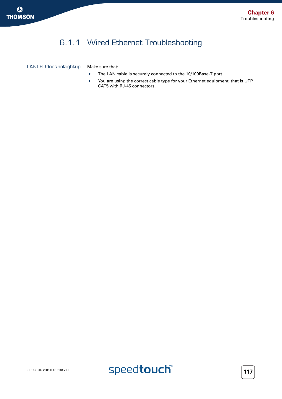 1 wired ethernet troubleshooting, Lan led does not light up, Wired ethernet troubleshooting | RCA SpeedTouchTM706 User Manual | Page 125 / 132