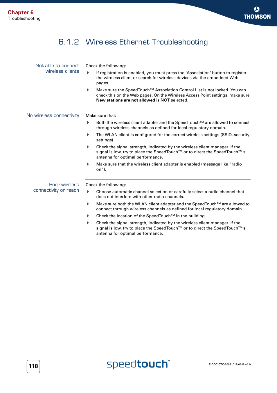 2 wireless ethernet troubleshooting, Not able to connect wireless clients, No wireless connectivity | Poor wireless connectivity or reach, Wireless ethernet troubleshooting, Chapter 6 | RCA SpeedTouchTM706 User Manual | Page 126 / 132