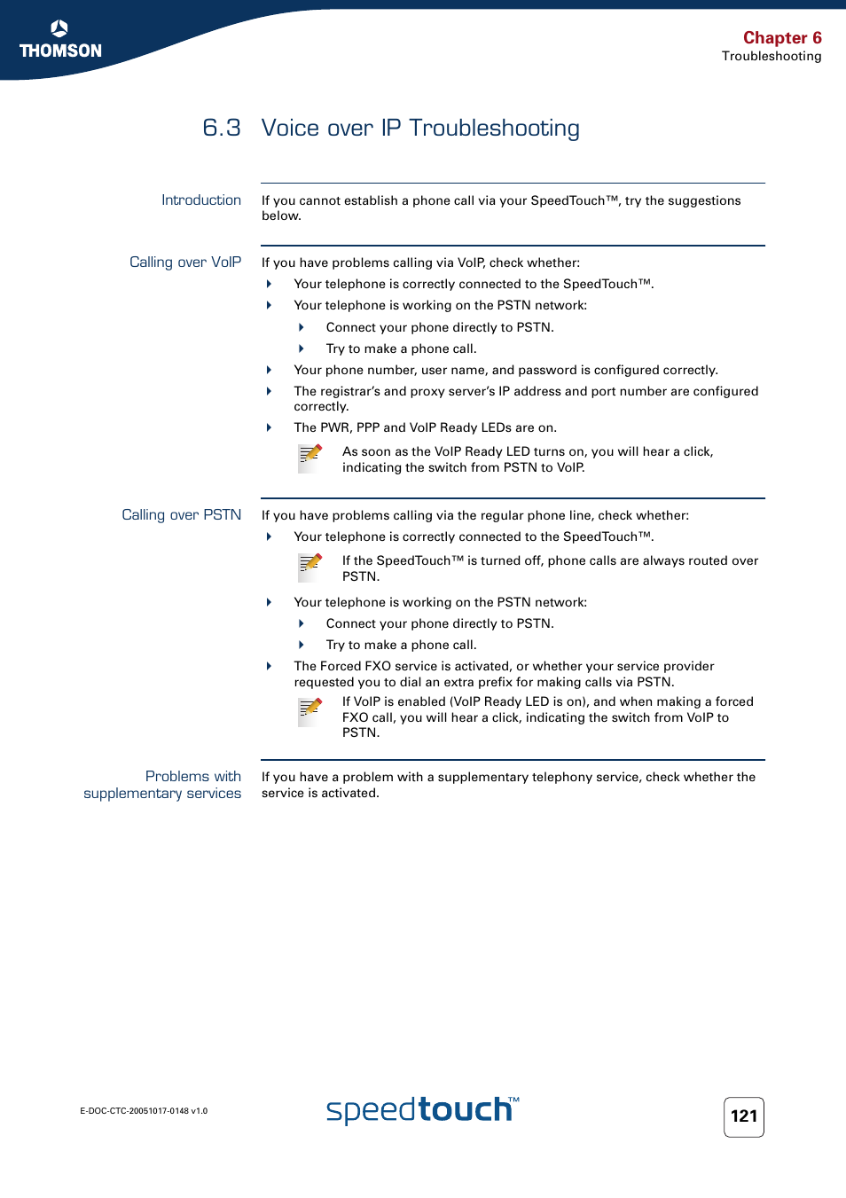 3 voice over ip troubleshooting, Introduction, Calling over voip | Calling over pstn, Problems with supplementary services, Voice over ip troubleshooting, Chapter 6 | RCA SpeedTouchTM706 User Manual | Page 129 / 132