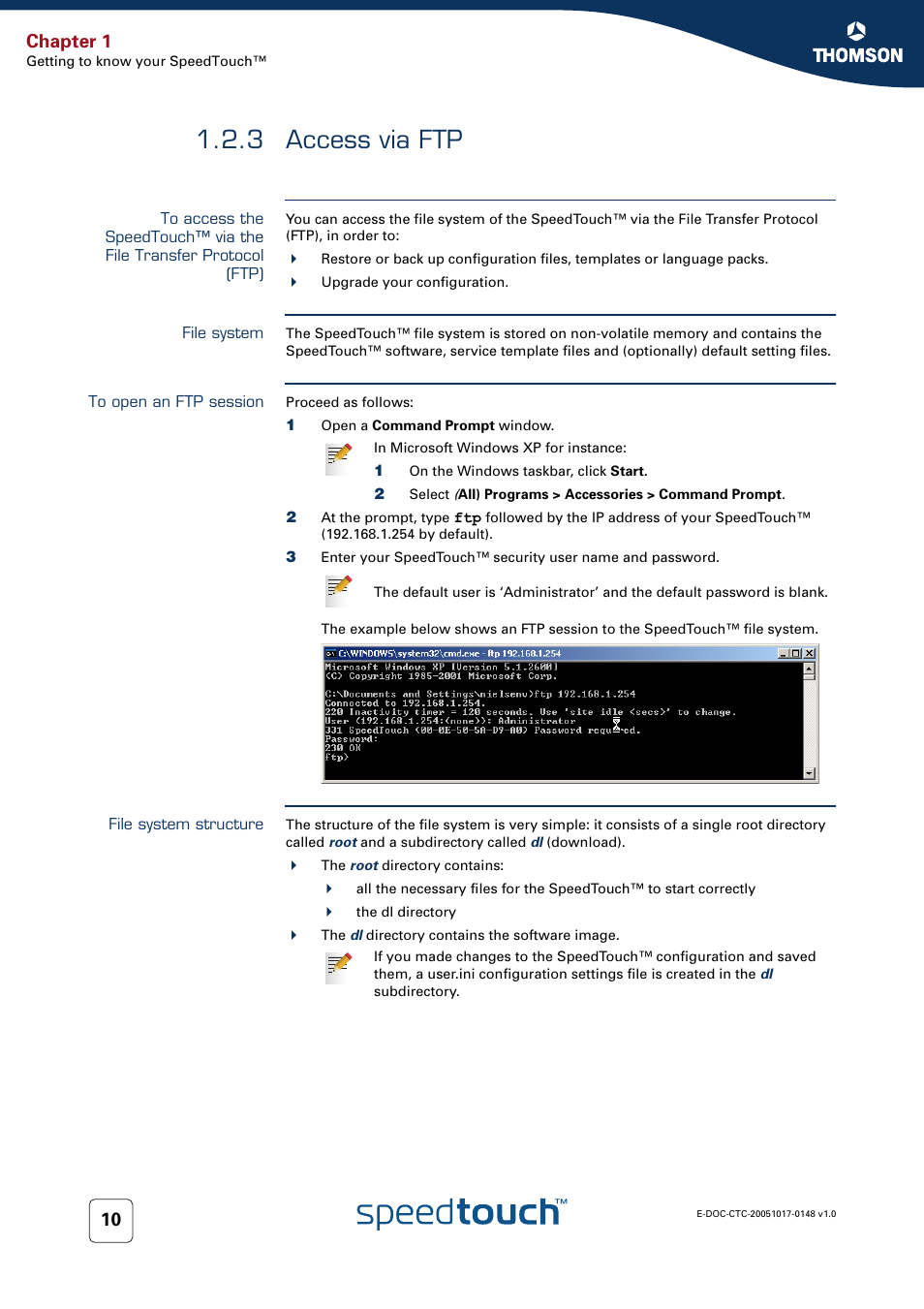 3 access via ftp, File system, To open an ftp session | File system structure, Access via ftp, 3 access via, Chapter 1 | RCA SpeedTouchTM706 User Manual | Page 18 / 132