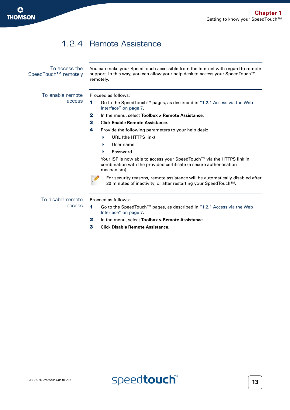 4 remote assistance, To access the speedtouch™ remotely, To enable remote access | To disable remote access, Remote assistance, 4 remote, Chapter 1 | RCA SpeedTouchTM706 User Manual | Page 21 / 132