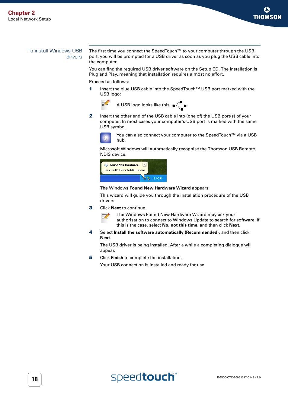 To install windows usb drivers, Chapter 2 | RCA SpeedTouchTM706 User Manual | Page 26 / 132