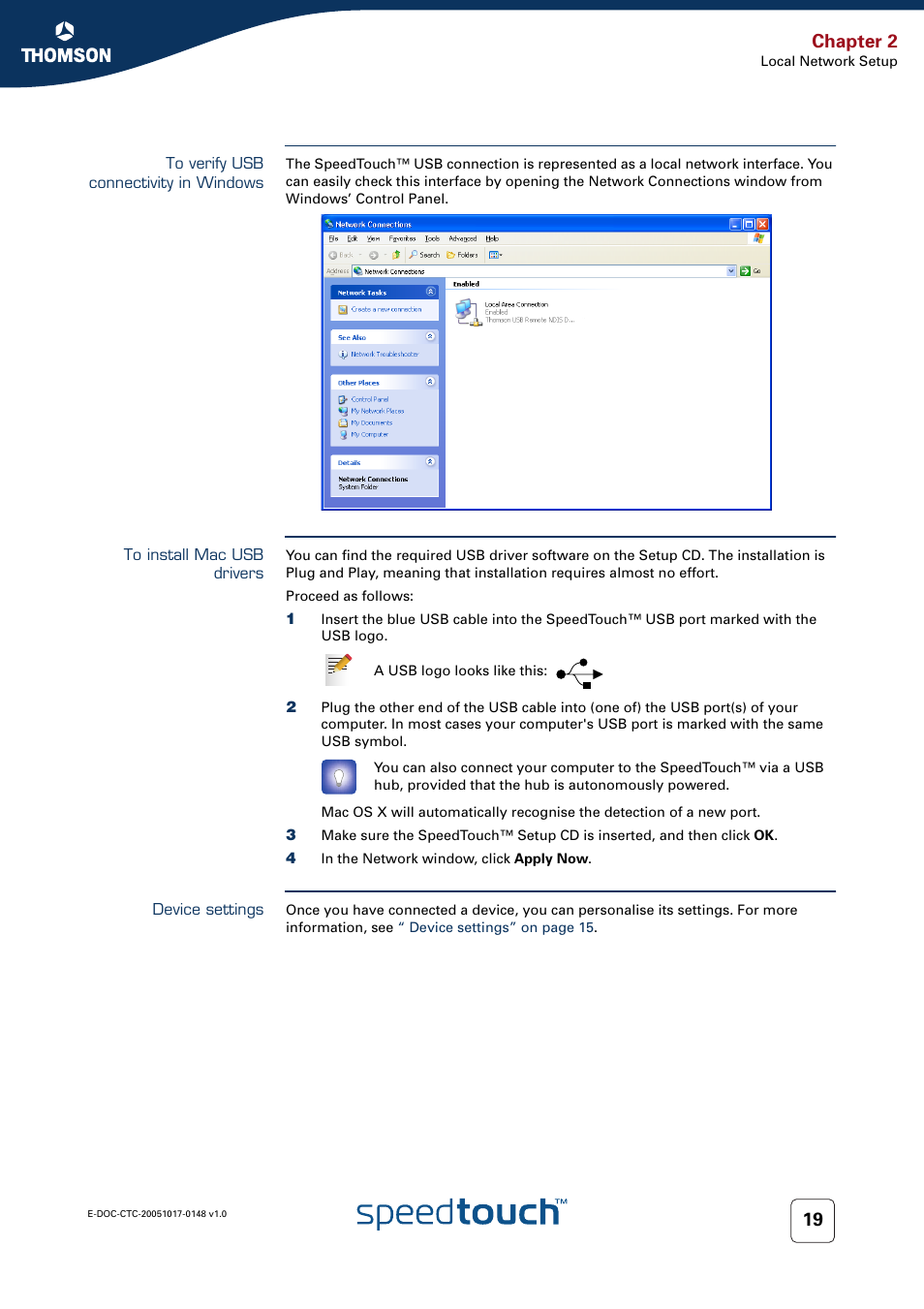 To verify usb connectivity in windows, To install mac usb drivers, Device settings | Chapter 2 | RCA SpeedTouchTM706 User Manual | Page 27 / 132