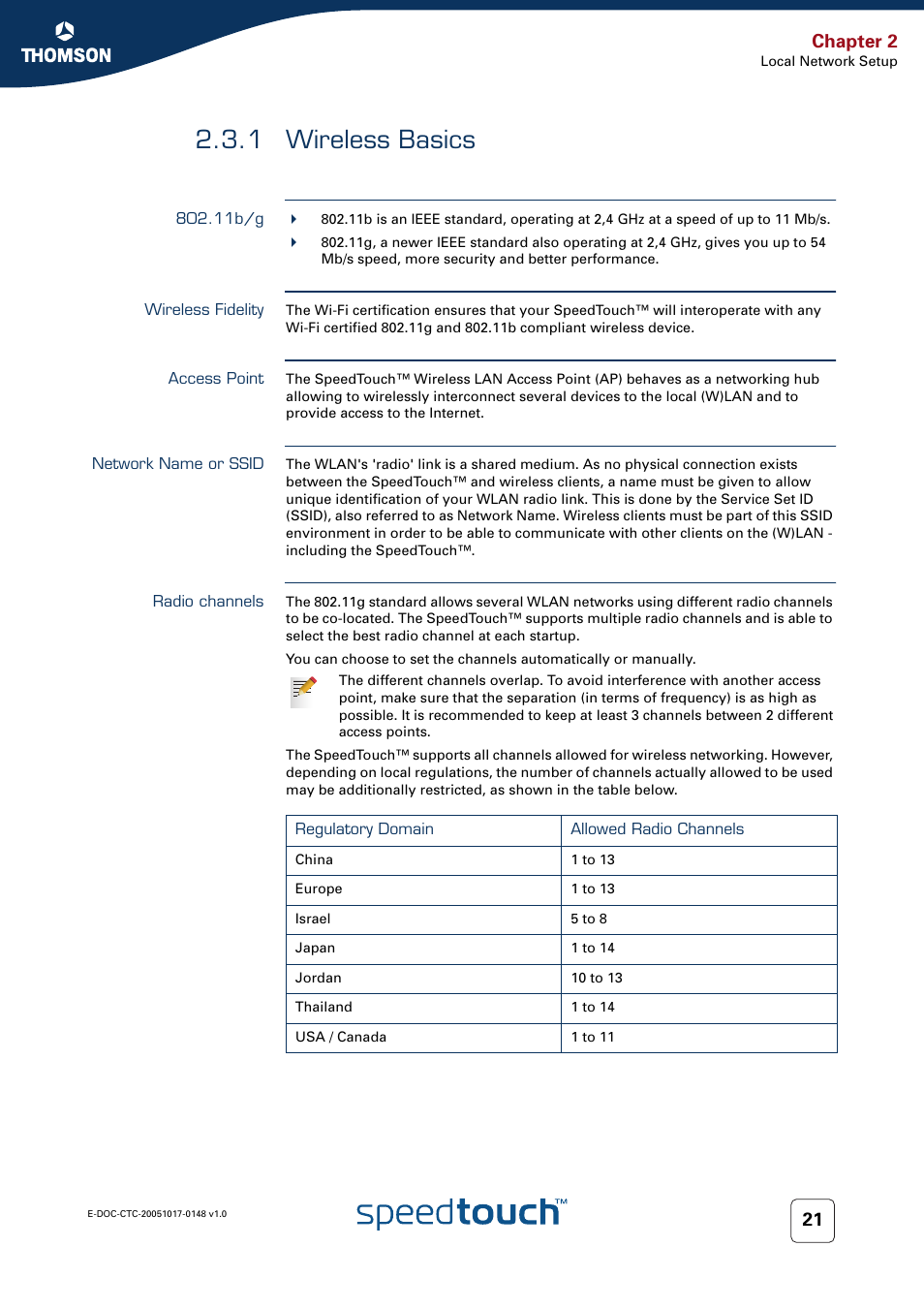 1 wireless basics, 11b/g, Wireless fidelity | Access point, Network name or ssid, Radio channels, Wireless basics, Chapter 2 | RCA SpeedTouchTM706 User Manual | Page 29 / 132