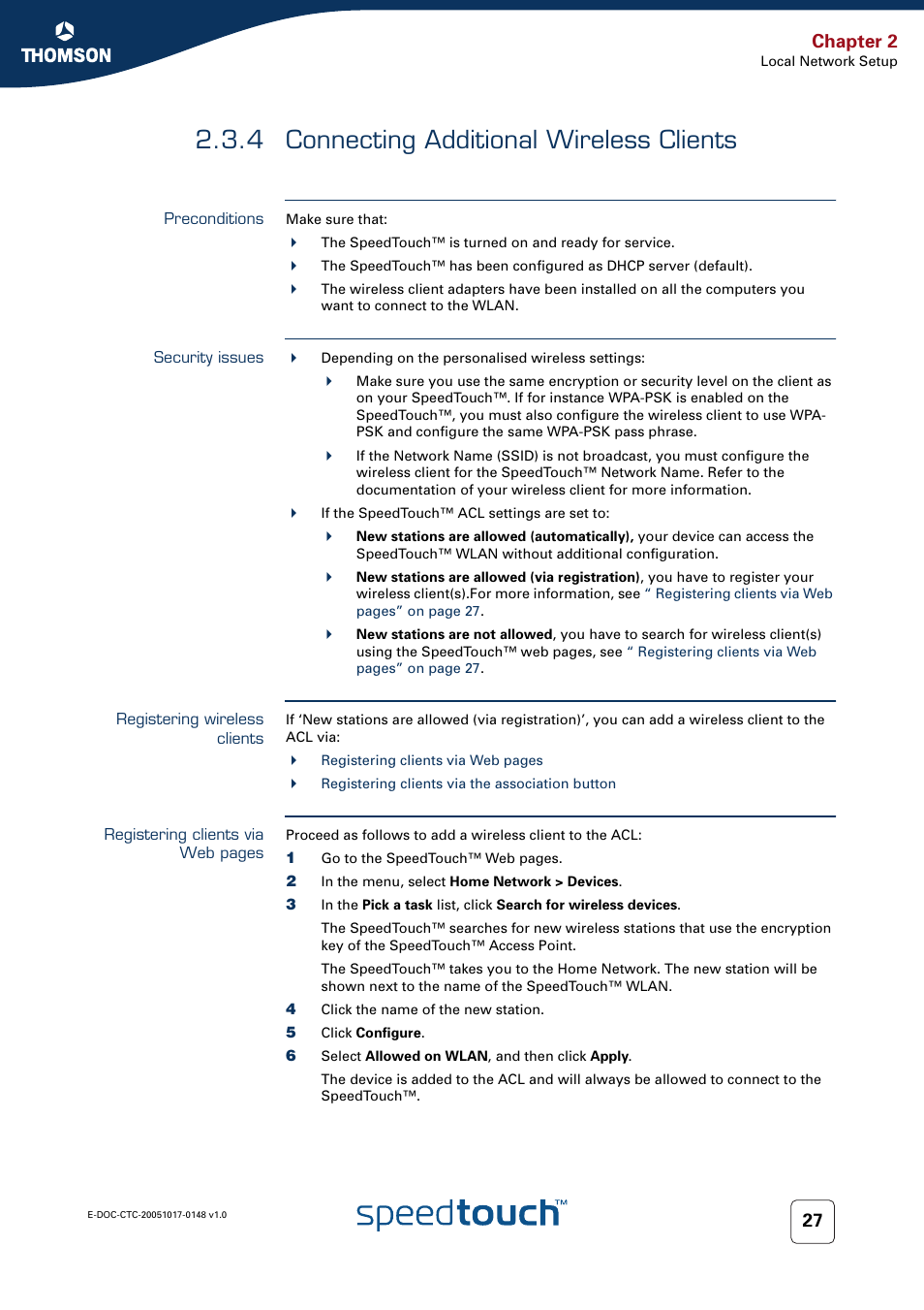 4 connecting additional wireless clients, Preconditions, Security issues | Registering wireless clients, Connecting additional wireless clients, Ation, see, Chapter 2 | RCA SpeedTouchTM706 User Manual | Page 35 / 132