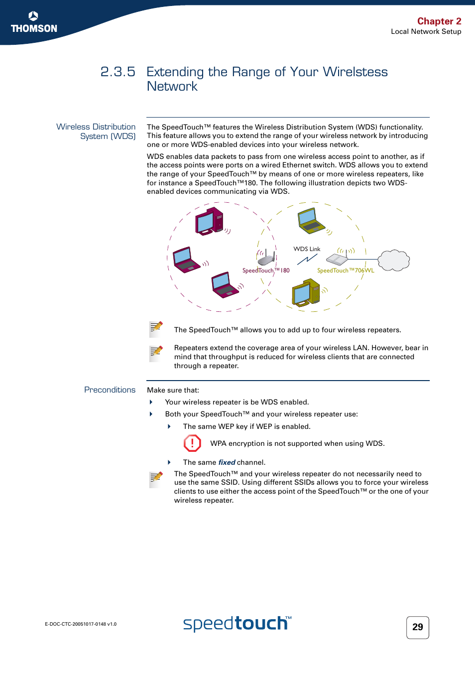 5 extending the range of your wirelstess network, Wireless distribution system (wds), Preconditions | Extending the range of your wirelstess network, Chapter 2 | RCA SpeedTouchTM706 User Manual | Page 37 / 132