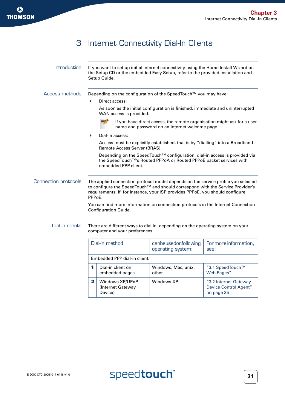 3 internet connectivity dial-in clients, Introduction, Access methods | Connection protocols, Dial-in clients, Internet connectivity dial-in clients, Chapter 3 | RCA SpeedTouchTM706 User Manual | Page 39 / 132