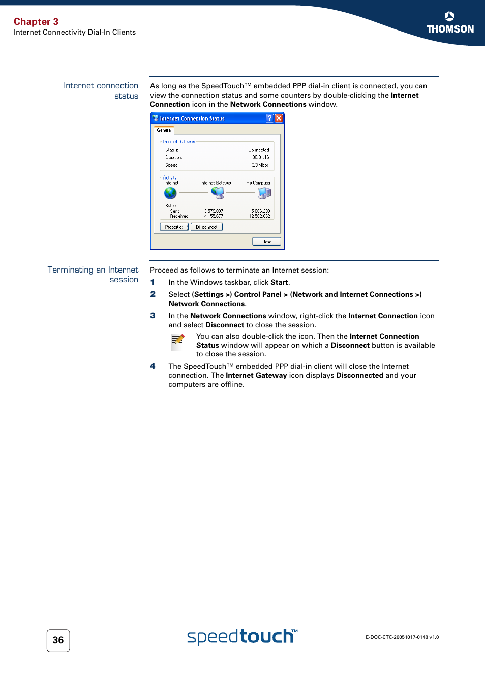 Internet connection status, Terminating an internet session, Chapter 3 | RCA SpeedTouchTM706 User Manual | Page 44 / 132