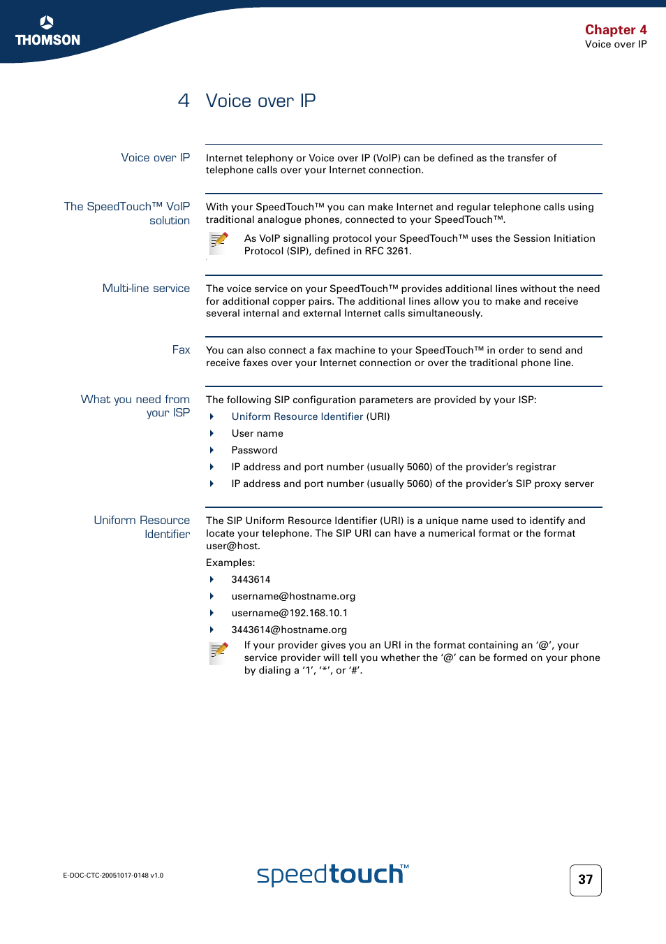4 voice over ip, Voice over ip, The speedtouch™ voip solution | Multi-line service, What you need from your isp, Uniform resource identifier, Chapter 4 | RCA SpeedTouchTM706 User Manual | Page 45 / 132