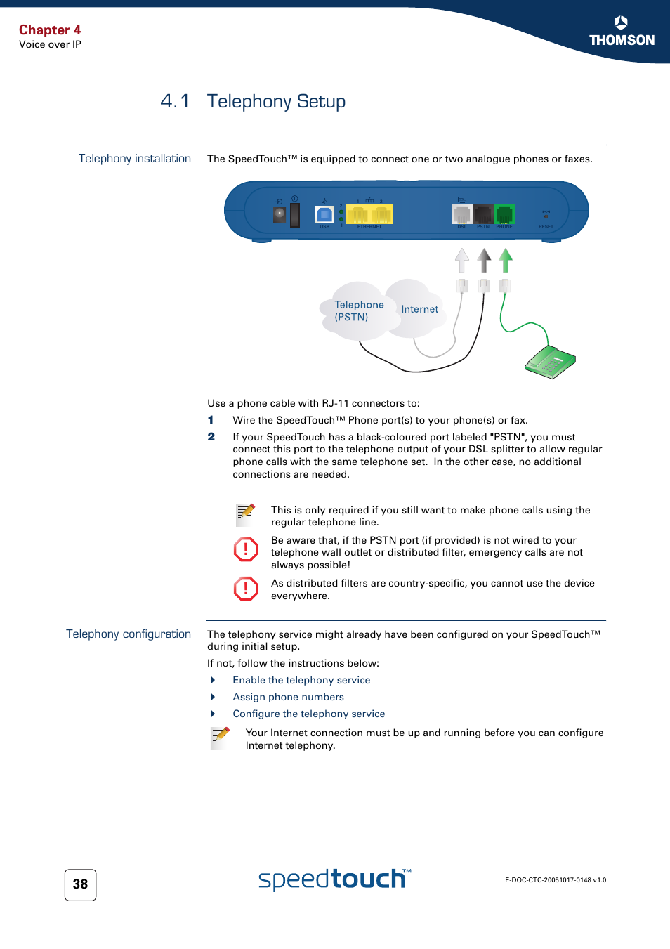 1 telephony setup, Telephony installation, Telephony configuration | Telephony setup, Chapter 4 | RCA SpeedTouchTM706 User Manual | Page 46 / 132