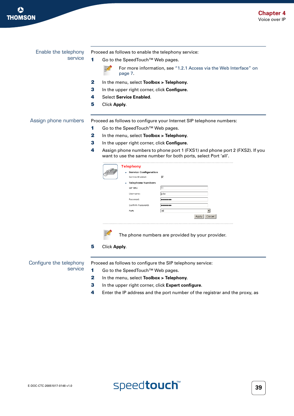 Enable the telephony service, Assign phone numbers, Configure the telephony service | Chapter 4 | RCA SpeedTouchTM706 User Manual | Page 47 / 132