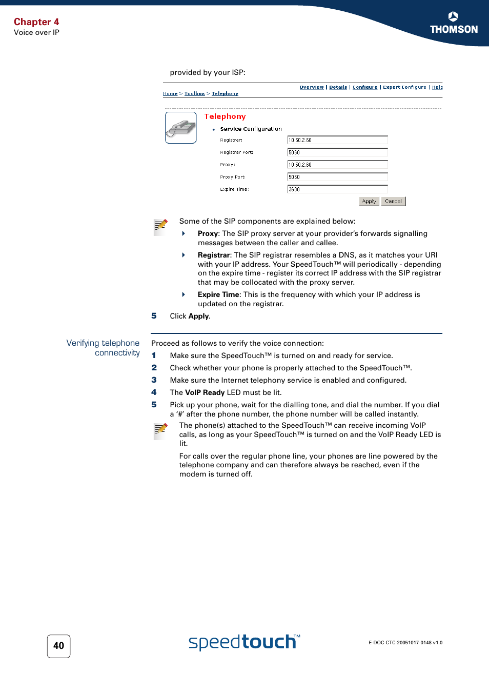 Verifying telephone connectivity, Chapter 4 | RCA SpeedTouchTM706 User Manual | Page 48 / 132