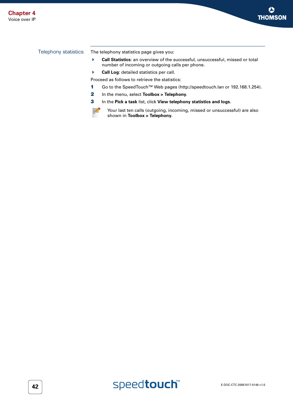 Telephony statistics, Chapter 4 | RCA SpeedTouchTM706 User Manual | Page 50 / 132