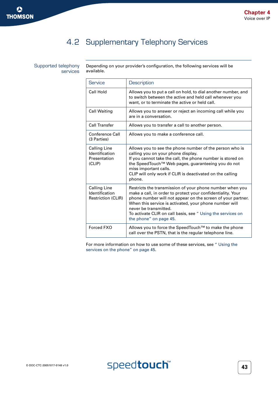 2 supplementary telephony services, Supported telephony services, Supplementary telephony services | Chapter 4 | RCA SpeedTouchTM706 User Manual | Page 51 / 132