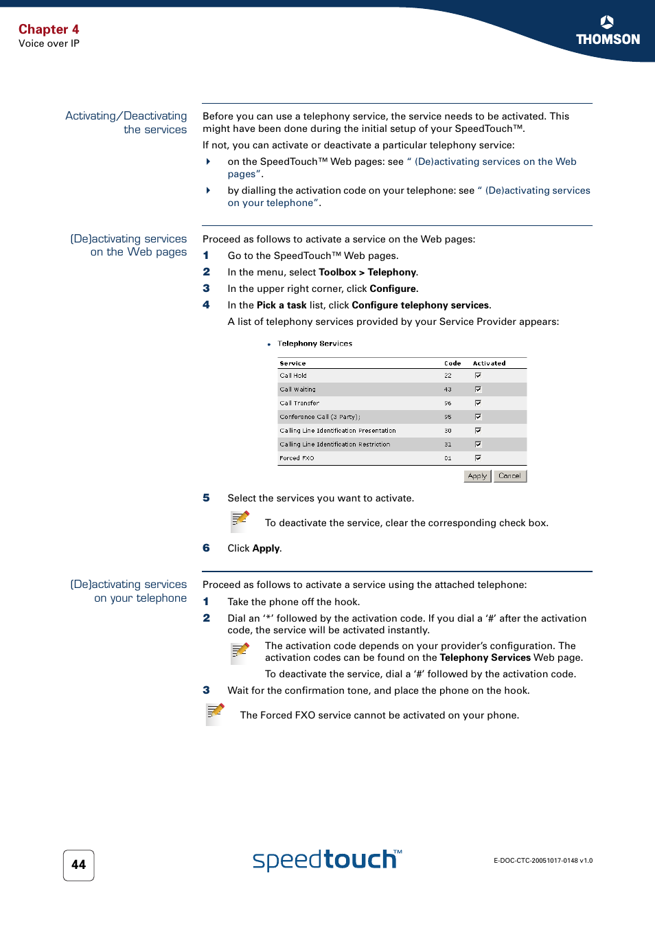 Activating/deactivating the services, De)activating services on your telephone, Chapter 4 | RCA SpeedTouchTM706 User Manual | Page 52 / 132