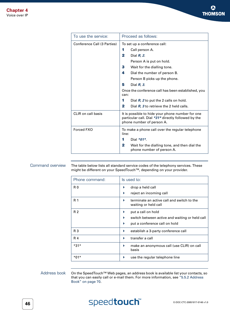 Command overview, Address book, Chapter 4 | RCA SpeedTouchTM706 User Manual | Page 54 / 132