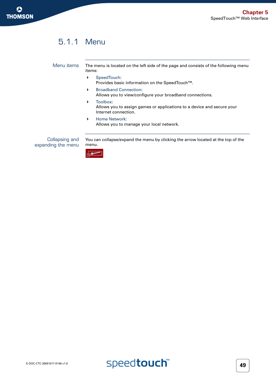 1 menu, Menu items, Collapsing and expanding the menu | Menu, Chapter 5 | RCA SpeedTouchTM706 User Manual | Page 57 / 132