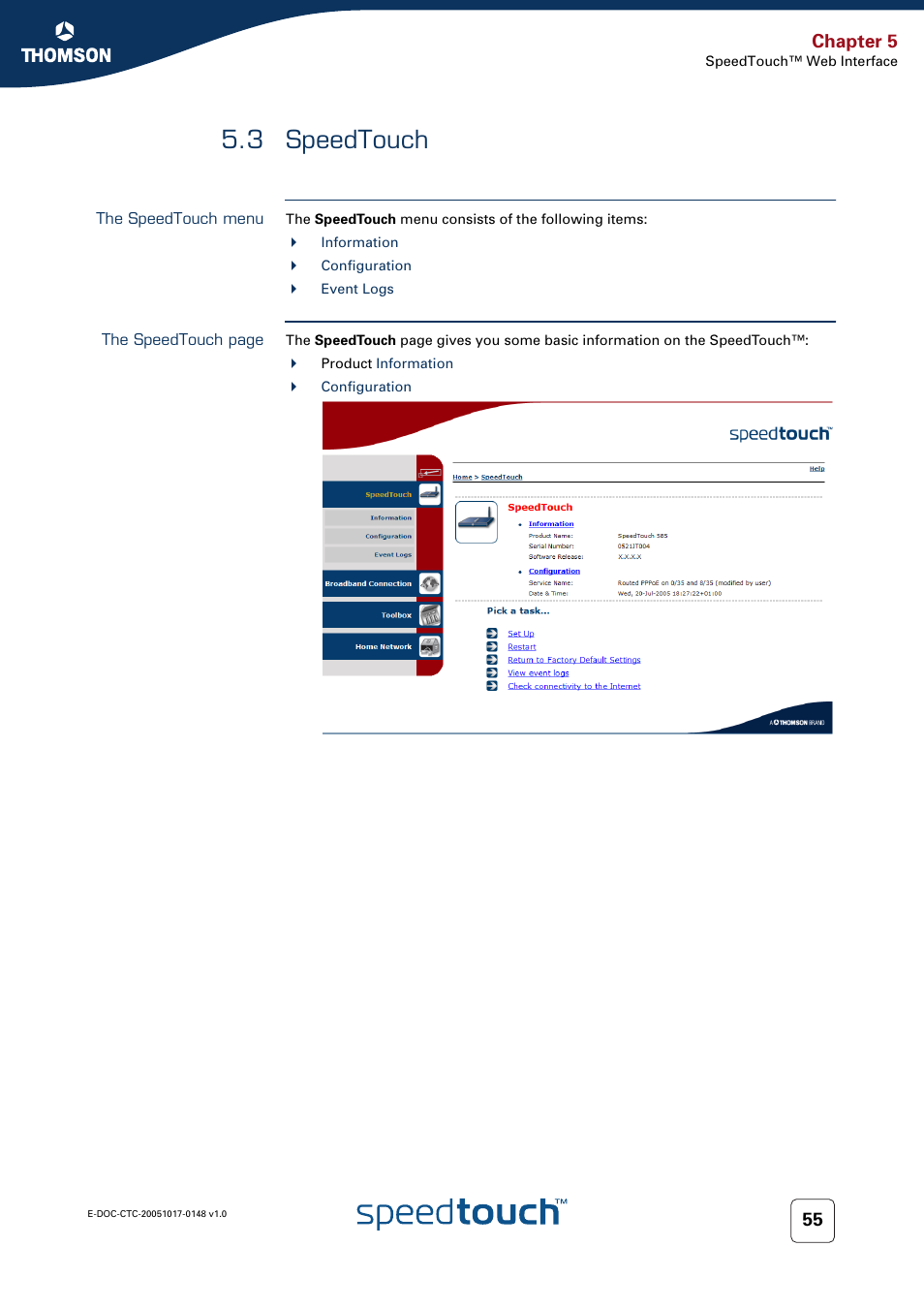 3 speedtouch, The speedtouch menu, Speedtouch | Chapter 5 | RCA SpeedTouchTM706 User Manual | Page 63 / 132